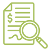 A magnifying glass hovering over a contract with a dollar sign and signature.