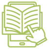Models for E-Book ILL icon: a book extending out of a tablet with a hand pointing to a line of the book.