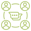 Four human figures circling around two overlapped text boxes.