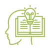 Outline of a human head with a book overlaid. A shining lightbulb emerges from the book. 
