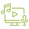 Media Licensing Resources Icon: a computer monitor with a play icon in the center. Two music notes are positioned in the top right and a microphone in the bottom left.