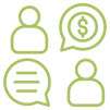 A block of four icons, two humans with two speech bubbles. One bubble has lines indicating text, the other has an encircled dollar sign.