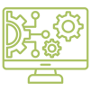 A computer screen with three gear icons of varying sizes. One is half of a gear with three vectors extending out of it.