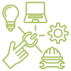 A hand touching a power button. The button is centered and connects out to a lightbulb, a laptop computer, a gear, and a hard hat with a wrench. 