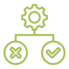 A gear icon positioned above an X and checkmark, both encircled. The gear is connected in a flowchart like fashion.