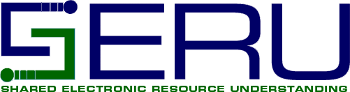 Logo with the word “SERU” in bold letters. The “S” is green and stylized with blocks and a circle, while the rest of the letters are dark blue. Below, it says “Shared Electronic Resource Understanding” in green text.